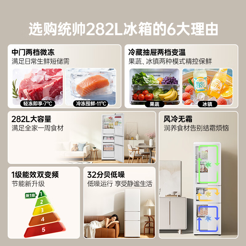 Haier produces the Commander Yuexiang series 282L three-door small-family household refrigerator retro inverter new level energy efficiency air-cooled frost-free LC3-290WL9 2026 new model
