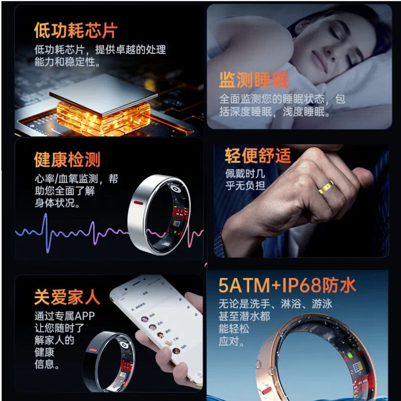 New non-invasive blood sugar and blood pressure smart ring, sleep blood oxygen and heart rate, multiple sports modes, waterproof photo ring, rose gold, free charging compartment + health detection + sleep analysis + lightweight wearing, size 9, diameter 19, finger circumference 59