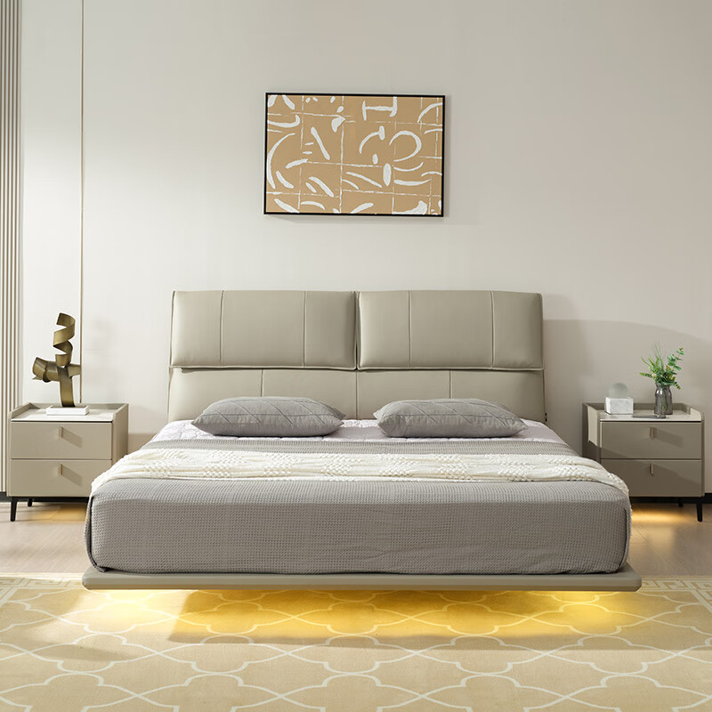 Mousse (de RUCCI) Leather Bed Suspended Bed Double Master Bedroom Queen Marriage Bed Dark Gray Suspended Bed-Light Strip Style 1.8*2m