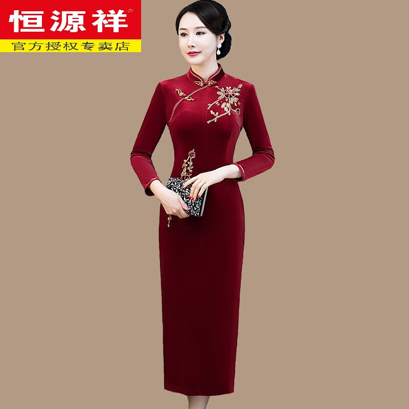 Hengyuanxiang brand Xi mother-in-law wedding long cheongsam 2025 new mother's wear retro Chinese style dress 40 years old to cover the belly, wine red 4XL 125-138 catties