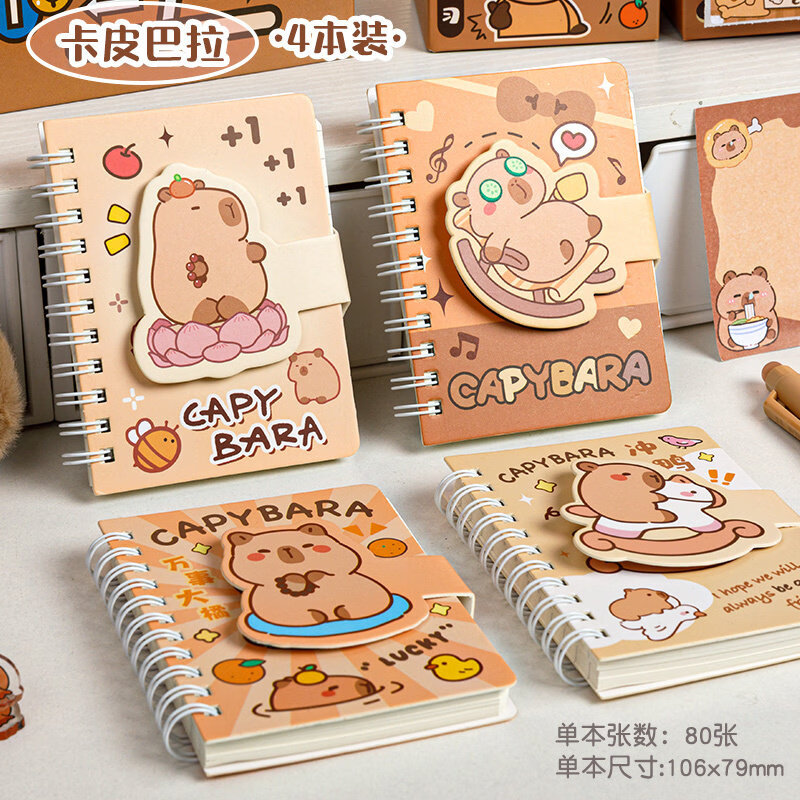Four Seasons Pocket Book with Velcro Buckle, Portable Cartoon Coil Notebook, Small Coil Book, Portable Notebook for Homework, Four Books - Kapibala Type A