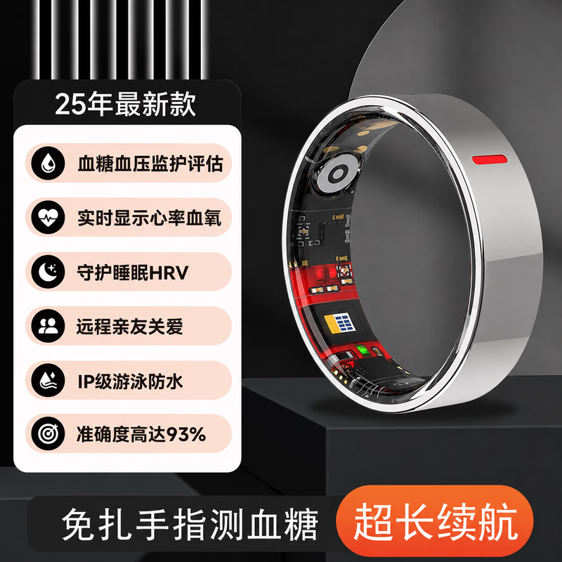 New non-invasive blood sugar and blood pressure smart ring, sleep blood oxygen and heart rate, multiple sports modes, waterproof photo ring, rose gold, free charging compartment + health detection + sleep analysis + lightweight wearing, size 9, diameter 19, finger circumference 59