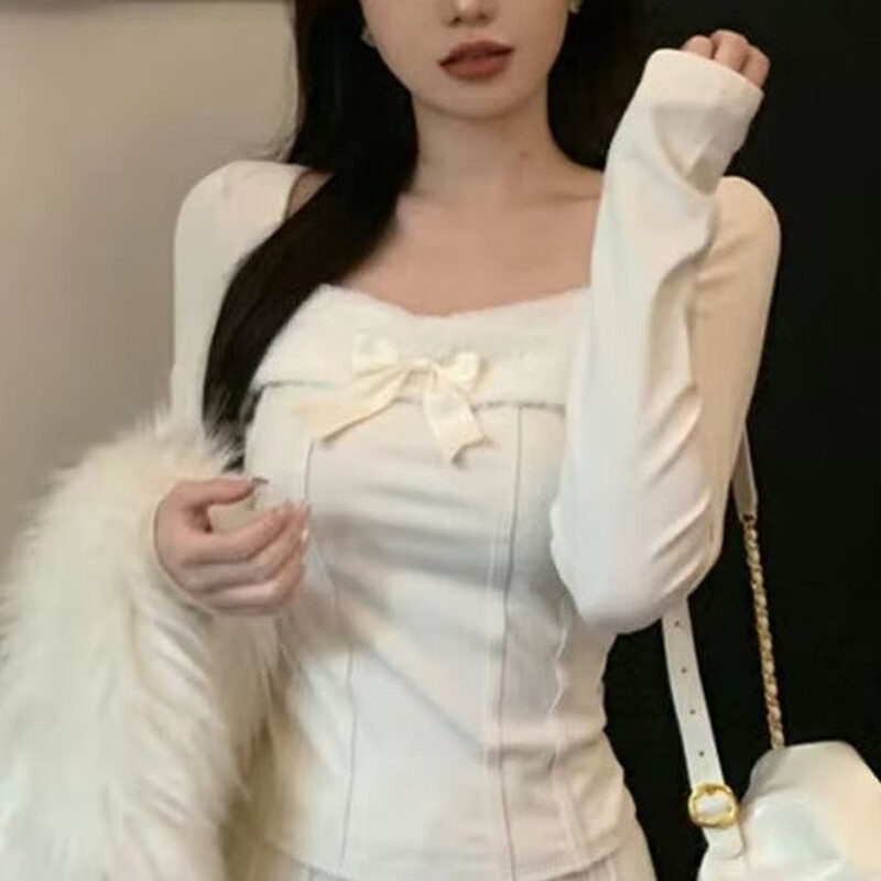 Yixin winter bottoming shirt for women, 2026 new long-sleeved style, slim fit, can be worn as a versatile piece, plush square collar, bow long sleeves, apricot color L, recommended weight is about 100-115 catties