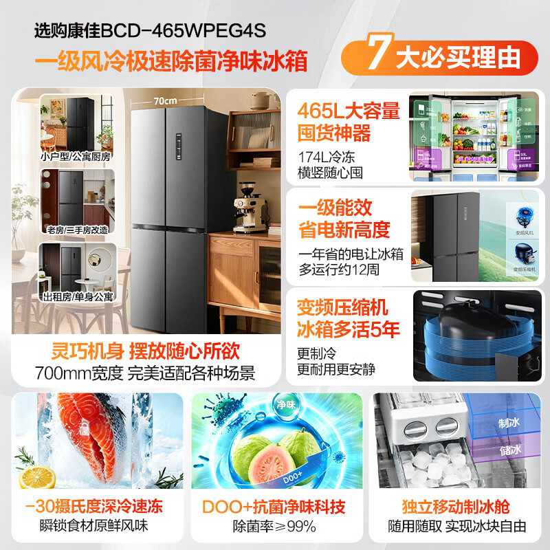 Konka 2026 new 465-liter cross four-door small-sized large-capacity ice-making compartment refrigerator air-cooled dual-cycle frequency conversion 1-level energy efficiency gray national subsidy BCD-465WPEG4S