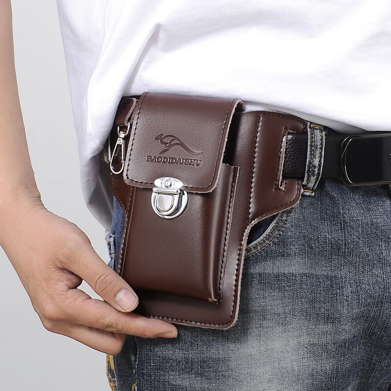 Kangaroo genuine leather mobile phone bag for men, first-layer cowhide shoulder bag, multi-functional belt waist bag, construction site work bag, brown small size without strap, mobile phone with screen below 6.6 inches