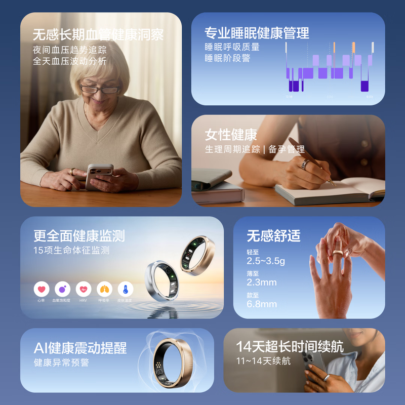 RingConnGen 3 Smart Ring Vascular Health Insights AI Health Vibration Reminder Heart Rate Blood Oxygen Sleep Monitoring Smart Ring Gen3 Yaoyang Gold No. 7