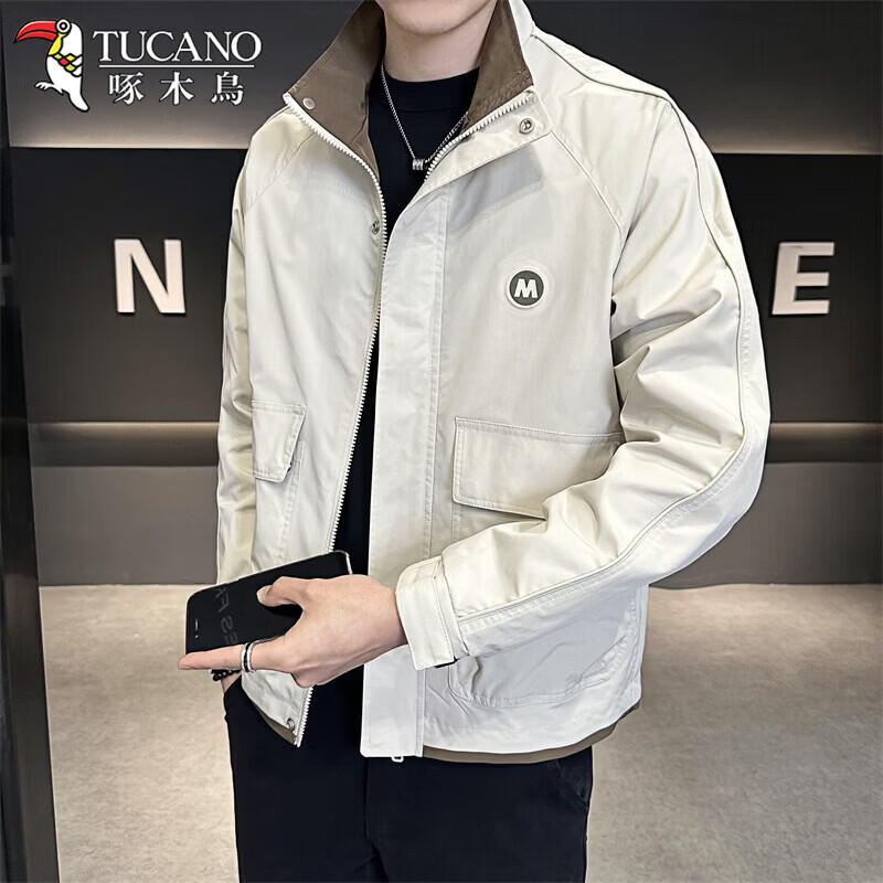Woodpecker Jacket Men's 2026 Spring and Autumn New Slim Fit Color Block Jacket Versatile Top Plus Velvet and Cotton Fashion Cotton Clothes Black XL