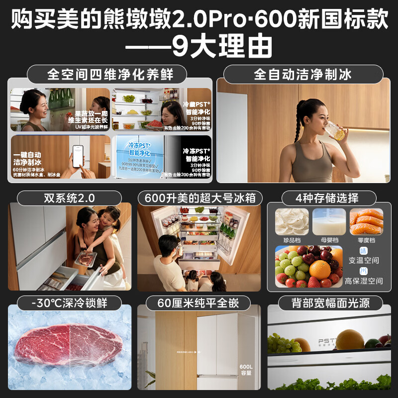 Midea Xiongdundun 2.0Pro600 upgraded French-style multi-door refrigerator dual-clean dual system embedded with new level of energy efficiency ultra-large capacity ice making BCD-600WUFJDIZ (E) white