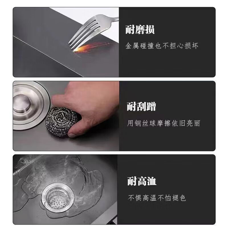 Jiumuwang thickened 304 stainless steel sink large single-slot wash basin home kitchen sink three-hole black nano three-hole basin black 60*45 pull-out + clean faucet package