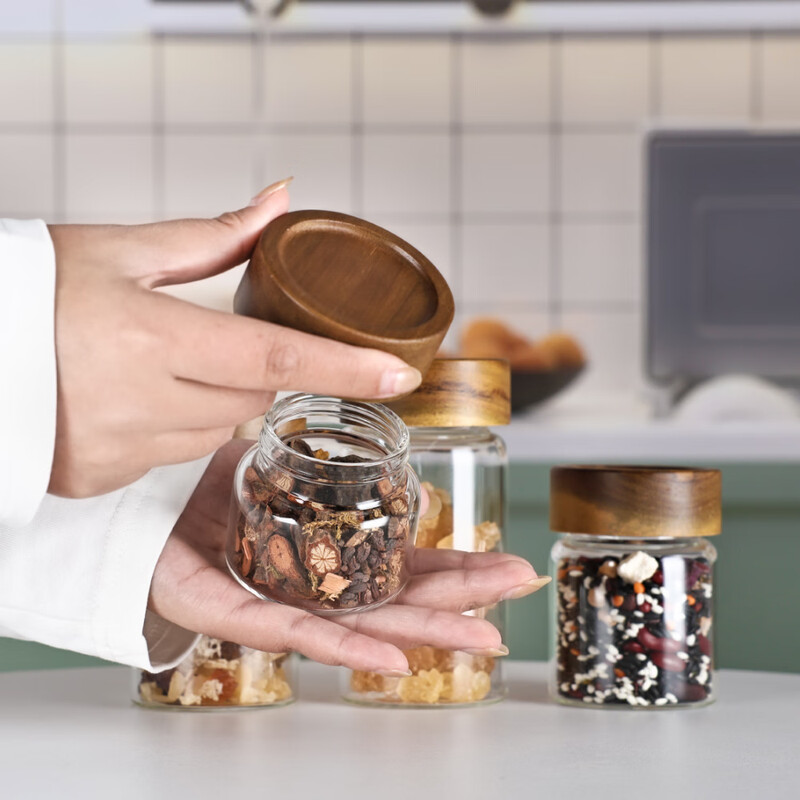 Four-star glass tea can, coffee can, acacia wood storage can, high borosilicate glass sealed can, mini portable food grade storage can, 65mm diameter, 4 pieces