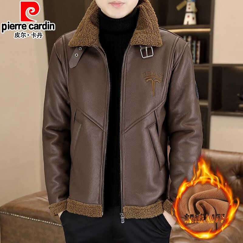 Pierre Cardin winter fleece jacket men's fur collar jacket men's short windbreaker thickened warm fur all-in-one leather jacket winter black M