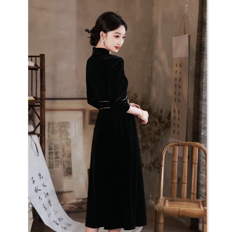 Du Yanzhi fashion improved new Chinese style long mid-sleeve cheongsam with large swing skirt autumn and winter new modern cheongsam skirt black L 100-110 catties
