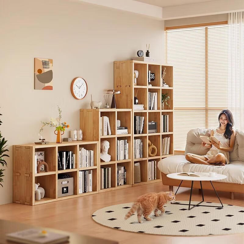 Small craftsman solid wood bookshelf floor-standing integrated storage rack wall-mounted solid wood bookcase vertical storage grid cabinet log color eight-lattice cabinet