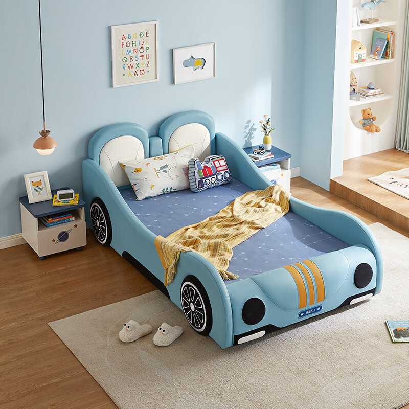 LINSY KIDS children's bed single bed modern simple cartoon guardrail children's room boy bed bed + mattress 1.2*2m