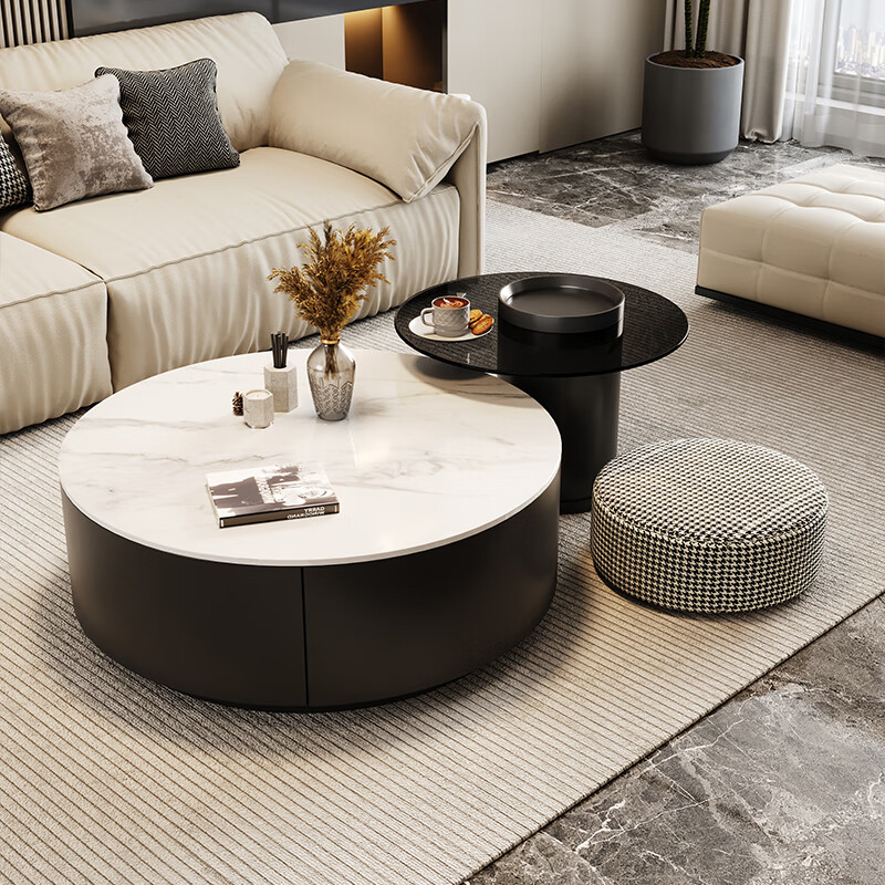 Mosu high-end slate coffee table living room light luxury coffee table size apartment household table gray glass round modern simple coffee table cloud white + gray glass combination 80+60 complete set
