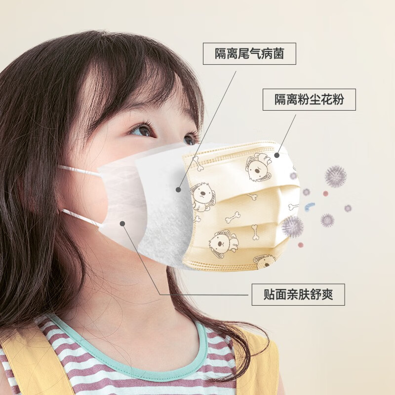 WELLDAY disposable children's medical surgical mask, three-layer sterile grade, anti-bacterial droplets, light, breathable, anti-smog and windproof, 100 small yellow dogs for children, 10 bags, 10 pieces/bag