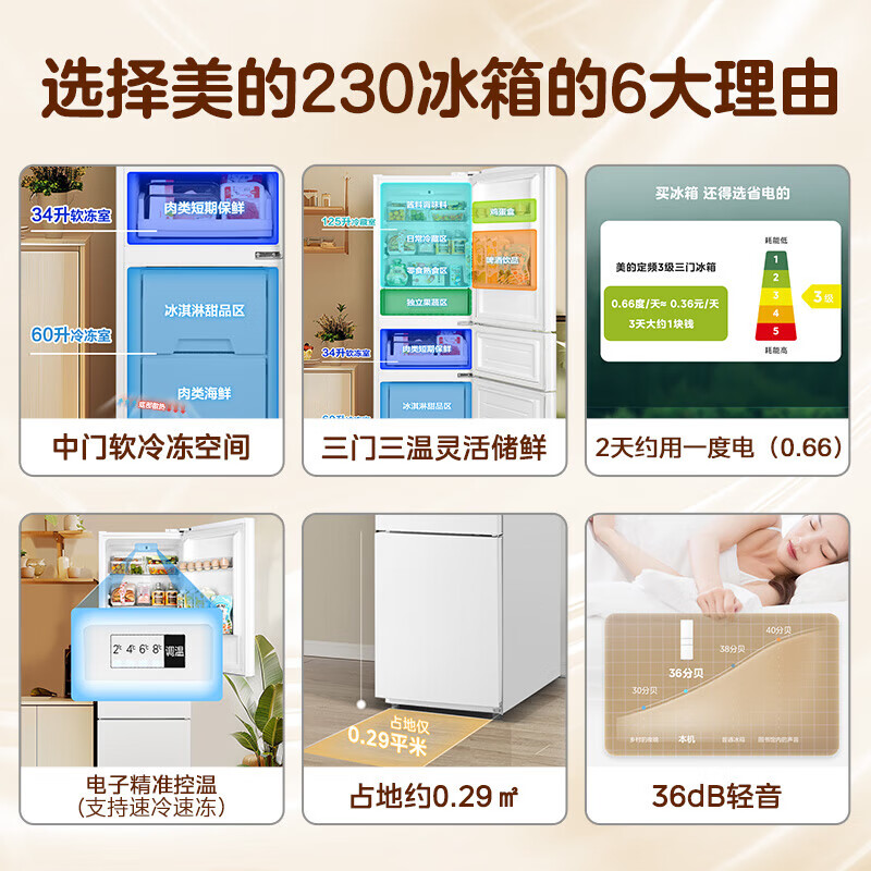 Midea 219 liter three-door refrigerator white rental home living room small refrigerator middle door soft freezing energy-saving power-saving bass MR-230TE