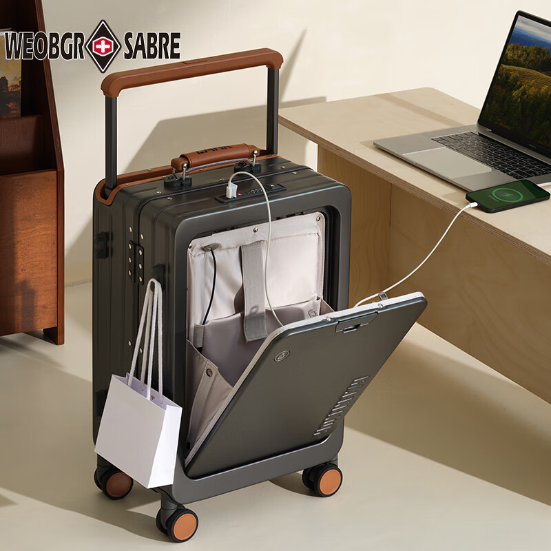 WEOBGR SABER Swiss Army Knife Front Opening Luggage 20 Boarding Business Men New Business Travel Aluminum Frame Travel Wide Trolley Case Women 24 Glacier Gray 2025 New Style - Multifunctional Aluminum Frame 20 Inch Boarding Case - Can Hold 15.6 Inch Computer
