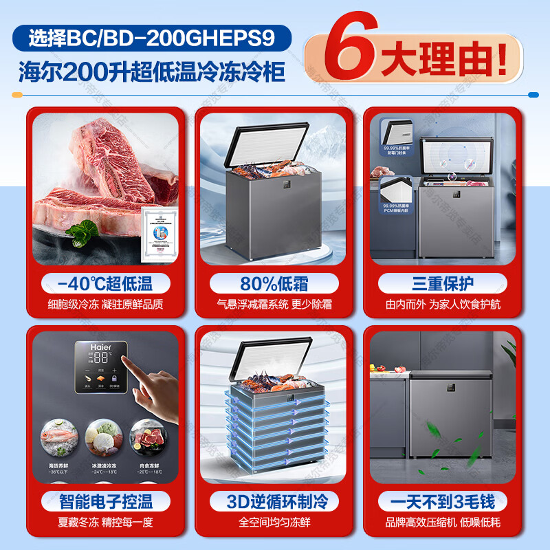 Haier Freezer Home Low Temperature Mini Freezer Freezer Refrigerator Freezer Switch Cryogenic Quick Freeze Subzero Small Freezer Xiao Fuhao 200GHEPS9 Electronic Temperature Control-40 200L