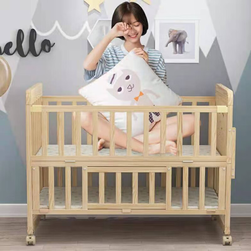 Laughing Beile crib solid wood spliced baby bed multi-functional mobile small apartment newborn bb bed wooden cradle cradle solid wood bed + mosquito net + snake luck treasure five-piece set double-decker bed (102/60) 0-5 years old