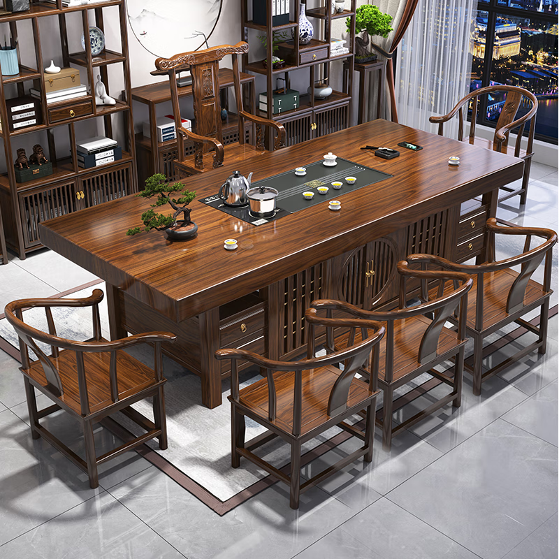Jinli's ingenious solid wood large board tea table and chair combination one table and five chairs office coffee table living room home new Chinese Zen tea table stone plate style large board + 1 armchair + 4 crescent chairs 1.6m daily gold large board