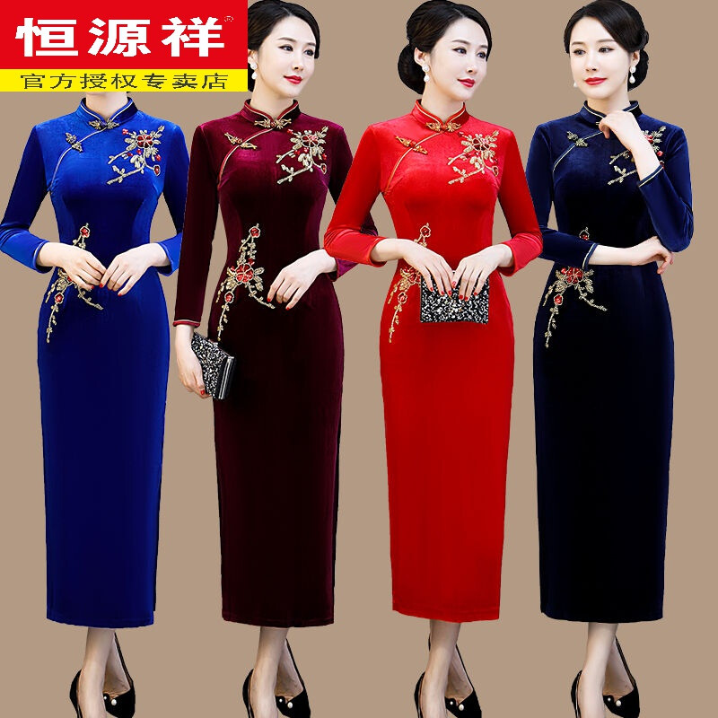 Hengyuanxiang brand Xi mother-in-law wedding long cheongsam 2025 new mother's wear retro Chinese style dress 40 years old to cover the belly, wine red 4XL 125-138 catties