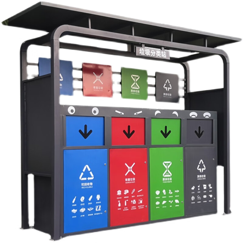 Outdoor garbage classification kiosk, domestic garbage room four-class recycling station, outdoor large-scale garbage classification collection point, garbage kiosk 01, consult customer service for pricing