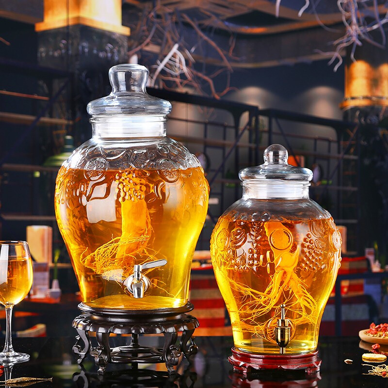 Shen Ping Eight Glass Lead-free Plus Household Wine Jar Glass Soaking Wine Bottle Faucet Soaking Wine Container Wine Jar Brewing Medicinal Wine Bottle Wine Cylinder 12 Jin General + Copper Faucet + High Base 6L