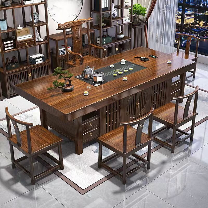 Jinli's ingenious solid wood large board tea table and chair combination one table and five chairs office coffee table living room home new Chinese Zen tea table stone plate style large board + 1 armchair + 4 crescent chairs 1.6m daily gold large board