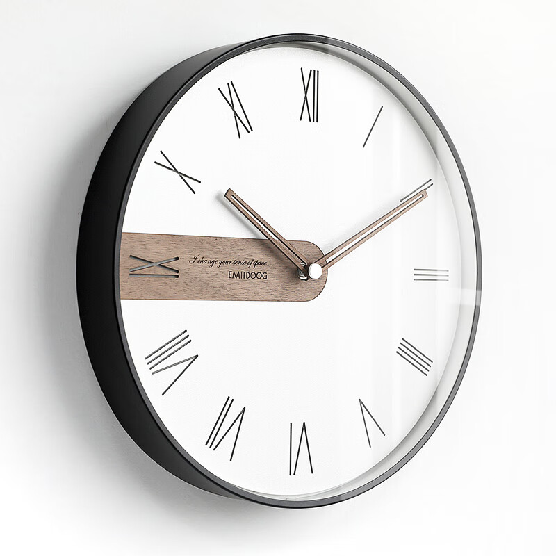 EMITDOOG (Duo barley) wall clock living room modern simple creative Nordic wall hanging silent travel time glass black frame A 12 inches