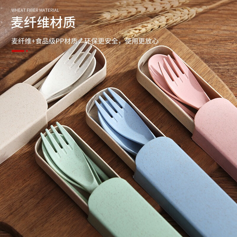 Xiderun Customizable Wheat Chopsticks, Forks and Spoons Portable Tableware Set Chopsticks, Spoons, Forks and Spoons Portable Travel Student and Children's Set Thickened Nordic Powder 3-piece Set