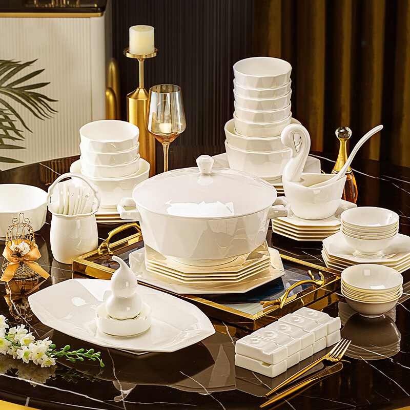 NINE CRANES high-end bowl and dish set household bone china bowl and plate pure white housewarming gift Jingdezhen tableware complete set light luxury 80 pieces set for 10 people high-end brocade box