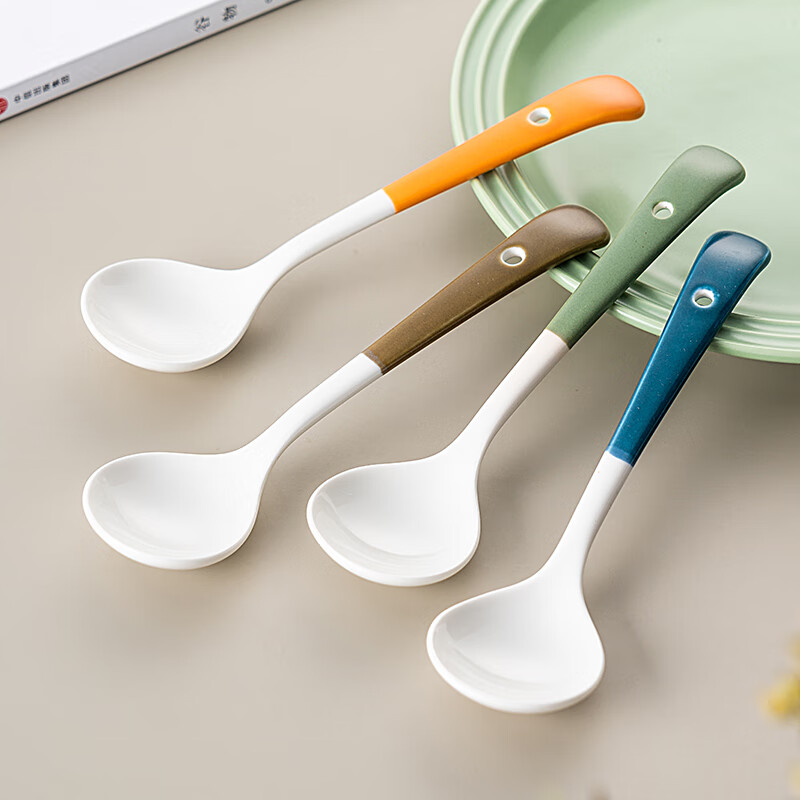Onlycook ceramic soup spoon rice spoon large table spoon ceramic tableware spoon spoon with hole for hanging ginkgo green large size