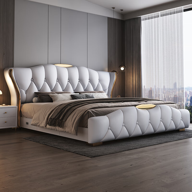 Xianli Italian-style leather bed, modern and simple 1.8m master bedroom bed, wedding bed, 2m light luxury storage double bed, air pressure soft bed, 3 drawer bed + 2 cabinets + antibacterial 9-zone latex mattress, 1.8*2m frame structure