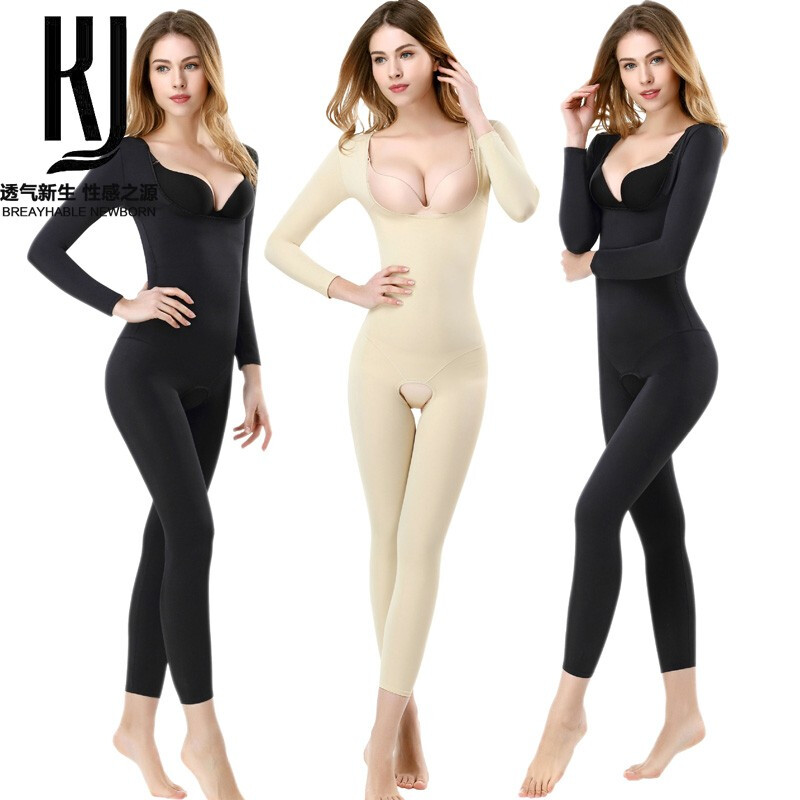 KJ French KJ one-piece shapewear long postpartum tummy tuck, stomach cincher, waist cincher with waistband, seamless body sculpting shape, black long style (open crotch) L (recommended 120-140 pounds)