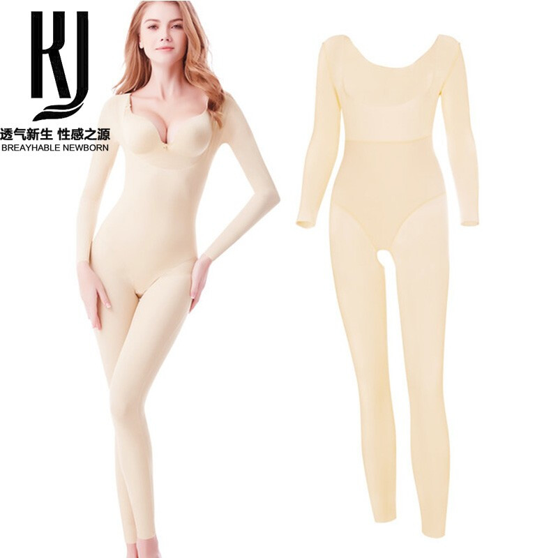 KJ French KJ one-piece shapewear long postpartum tummy tuck, stomach cincher, waist cincher with waistband, seamless body sculpting shape, black long style (open crotch) L (recommended 120-140 pounds)