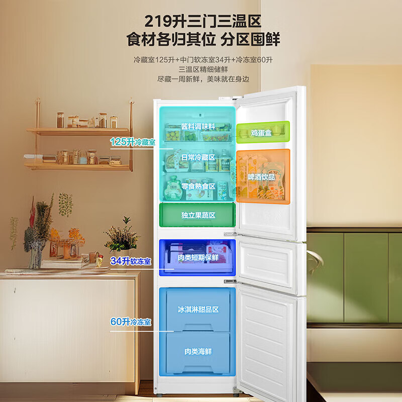 Midea 219 liter three-door refrigerator white rental home living room small refrigerator middle door soft freezing energy-saving power-saving bass MR-230TE
