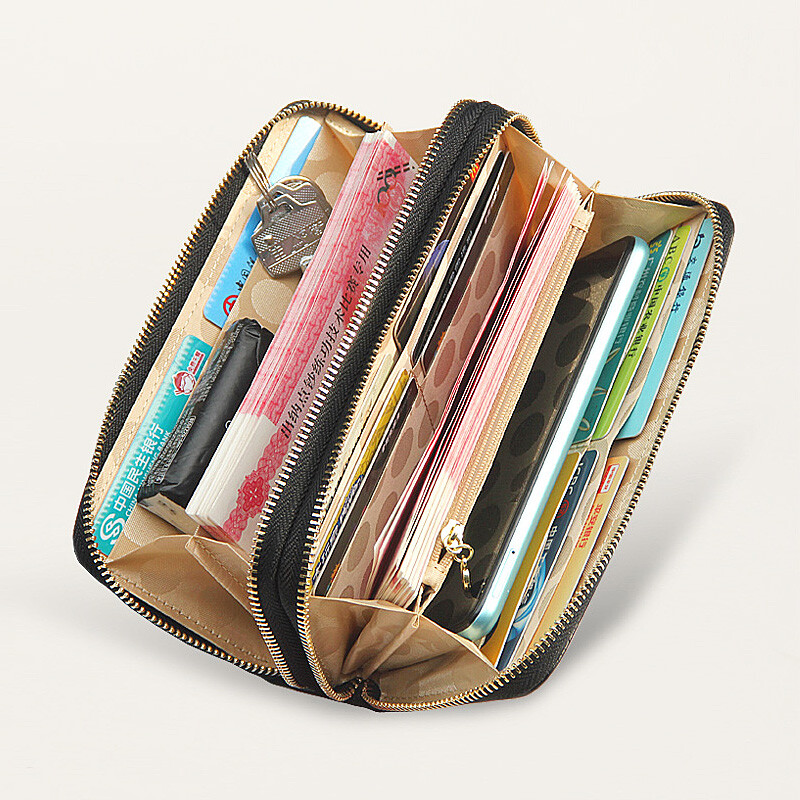 SHARELOVE cowhide lucky women's wallet long double zipper wallet genuine leather large-capacity hand mobile phone bag for the holidays to give to mom Golden Koi