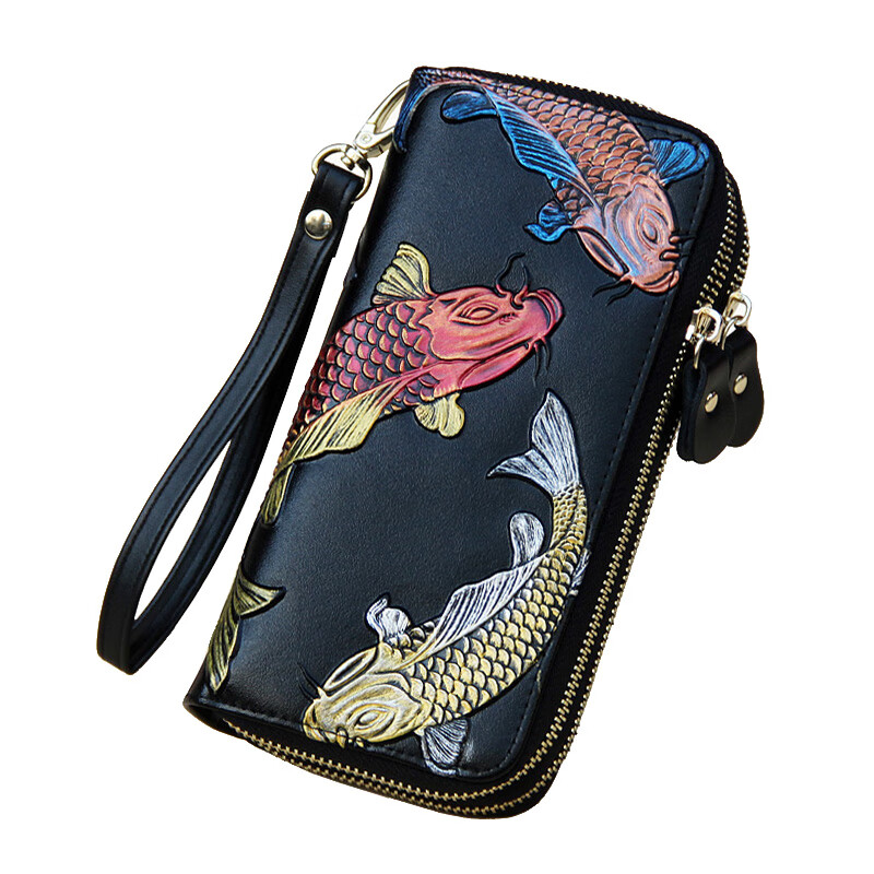 SHARELOVE cowhide lucky women's wallet long double zipper wallet genuine leather large-capacity hand mobile phone bag for the holidays to give to mom Golden Koi