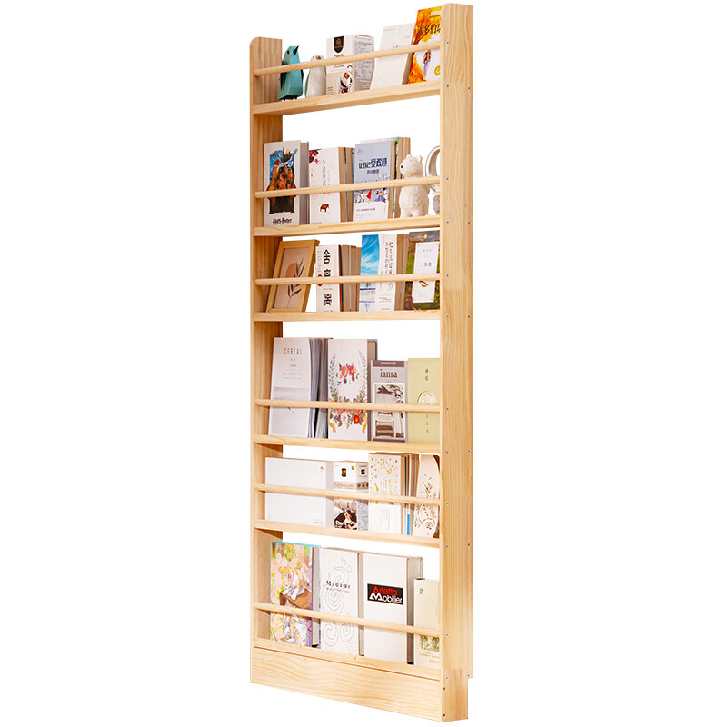 Wooden horse door back bookshelf ultra-thin storage shelf aisle children's picture book shelf integrated wall-to-ceiling narrow solid wood storage cabinet bookcase thickened solid wood wood color - six layers 80 long