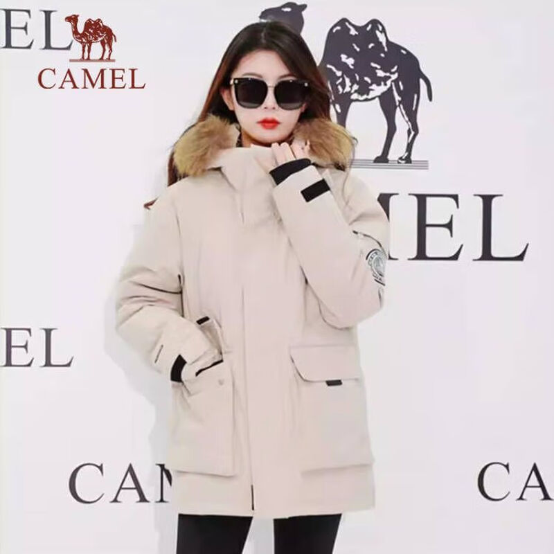 Camel (CAMEL) outdoor extreme cold parka workwear fur collar couple's down jacket warm and thickened mid-length coat