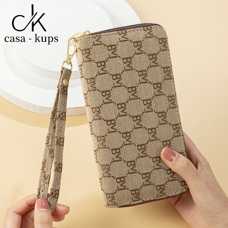 Casa-kupsCK women's bag light luxury simple double zipper wallet long women's clutch large capacity European and American fashion dark coffee color