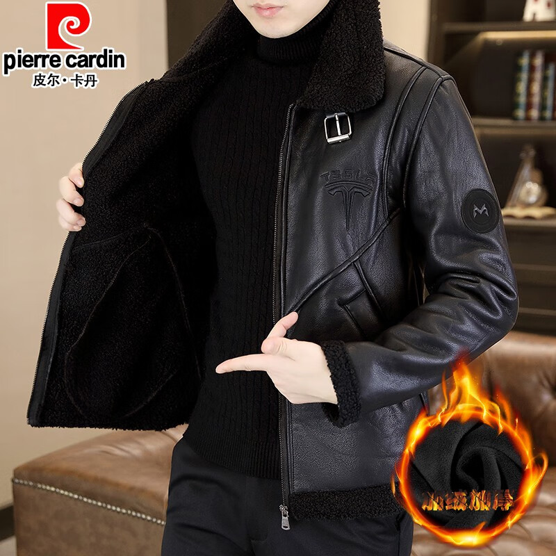Pierre Cardin winter fleece jacket men's fur collar jacket men's short windbreaker thickened warm fur all-in-one leather jacket winter black M