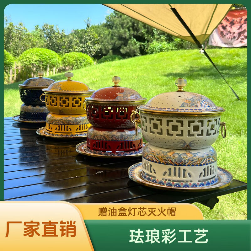 Cloisonné pure copper household small hot pot for one person and one pot enamel household small copper pot alcohol pot single person copper hot pot 1 inch white background Chinese style stainless steel inner pot oil delivery box + wick + oil