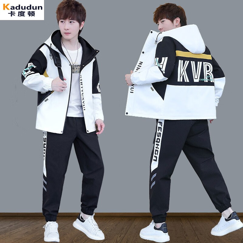 Kaduton Youth Jacket Men's Velvet Thickened Jacket Set Autumn and Winter Trendy Wearing Clothes for High School Students Two-piece Set 2201 Black and White Spring and Autumn + Overalls L Suitable for 106-120 Jin