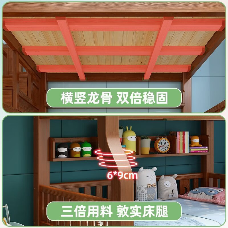 Linzhi all solid wood double-layer bunk bed, multi-functional high and low bed, two-layer bunk wooden bed, adult double child's bunk bed, ladder type, upper bunk width 1.0 meters, bottom bunk width 1.2 meters