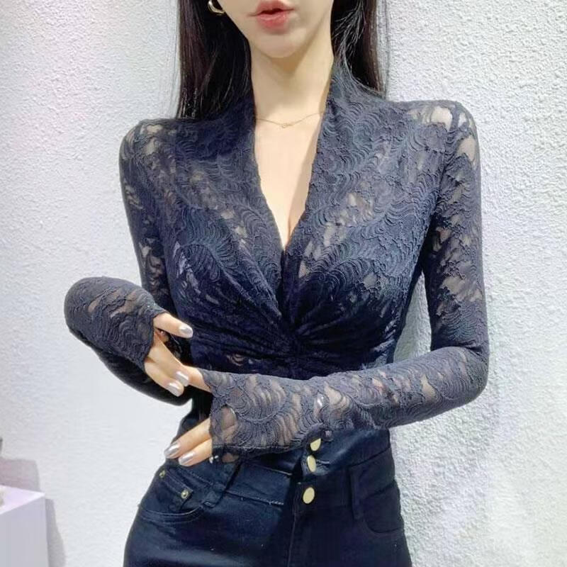Baichao Sexy V-neck Lace Shirt Women's Long Sleeve 2020 Spring Shirt New Korean Style Slim Fit Western Style Bottoming Shirt Top Black S Recommended for a slim fit of 70-80 pounds