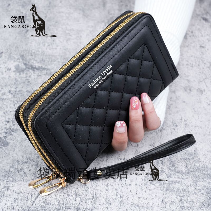 Kangaroo Wallet Women's 2023 New Long Style Women's Hand-held Korean Style Casual Mobile Phone Bag Double Zipper Wallet Large Capacity Card Holder Black
