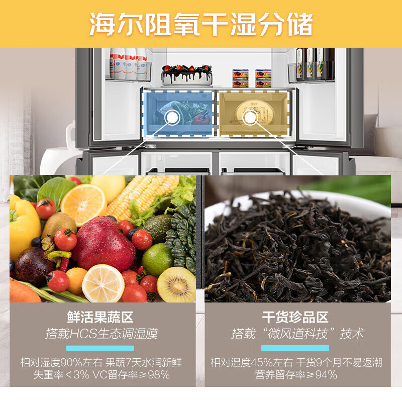 Haier refrigerator top equipped with 659 liter household double-door cross-door four-door full-space freshness preservation first-class energy efficiency air-cooled frost-free ultra-large capacity dual-frequency energy-saving refrigerator with 15% national subsidy full-space freshness preservation technology + color crystal tempered panel + EPP ultra-clean system