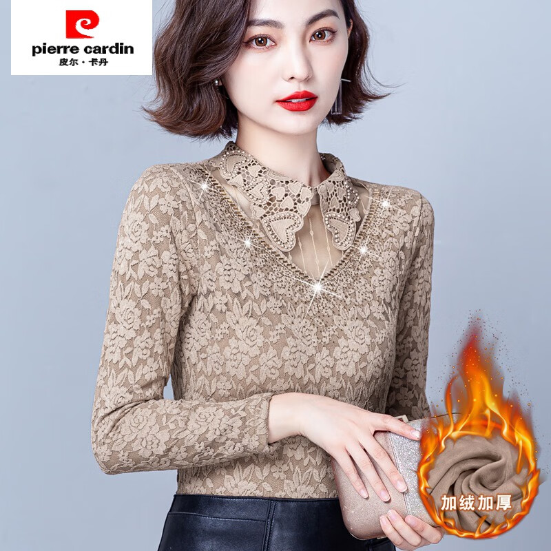 Pierre Cardin Lace Lined Velvet Bottoming Shirt Women's 2024 Autumn and Winter New Long Sleeve Top Fashionable and Versatile Small Shirt Trendy Camel Velvet 3XL